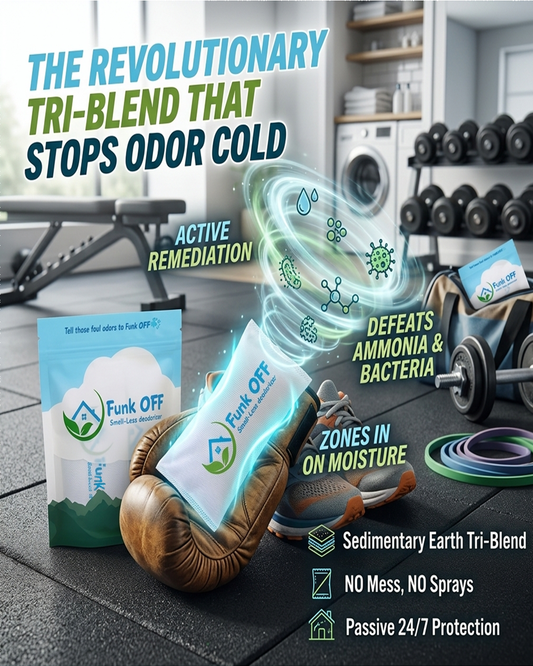 Funk OFF deodorizer ad: "The Revolutionary Tri-Blend That Stops Odor Cold" in a home gym.