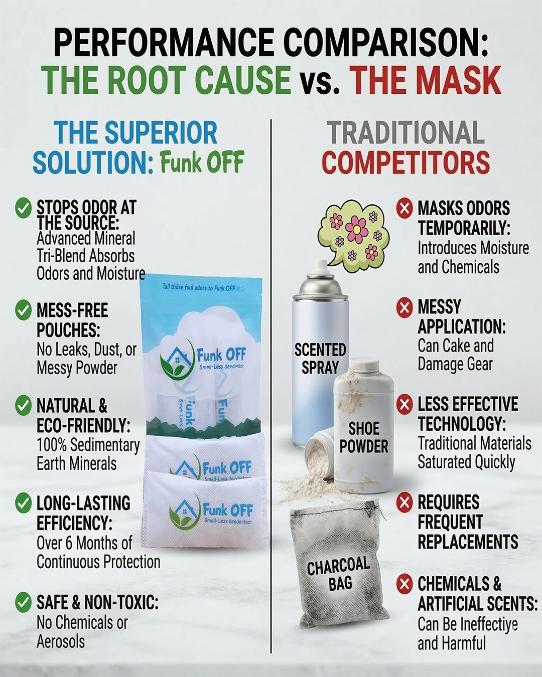 Funk OFF performance comparison versus traditional deodorizers like sprays and charcoal.