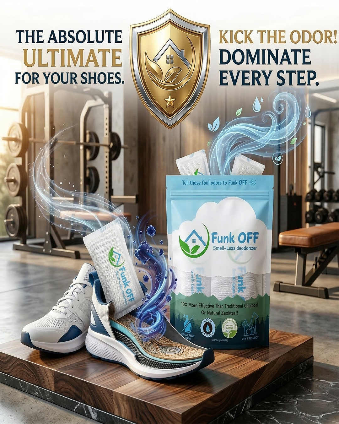 Funk OFF deodorizer advertisement in gym with running shoes.