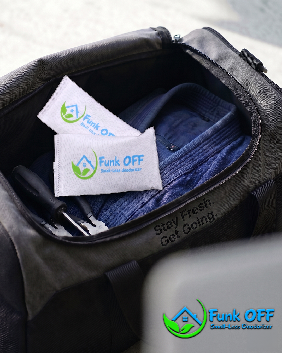  A duffel bag with Funk OFF deodorizer pouches.
